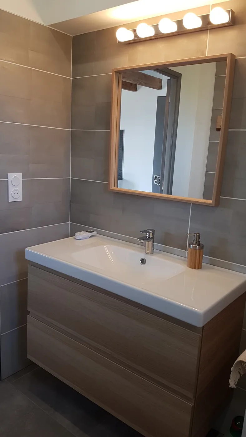 Salle de bains aménagée : meuble vasque, miroir encadré et rampe d'éclairage